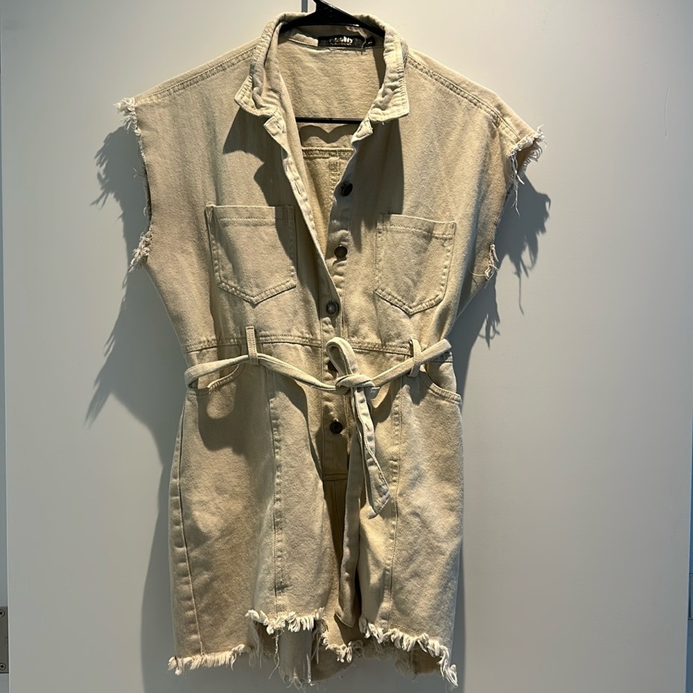 Beige Denim Shorts Romper